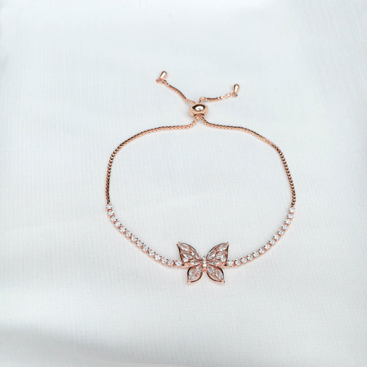QuinShine rose gold butterfly bracelet with sparkling stones and adjustable chain closure
