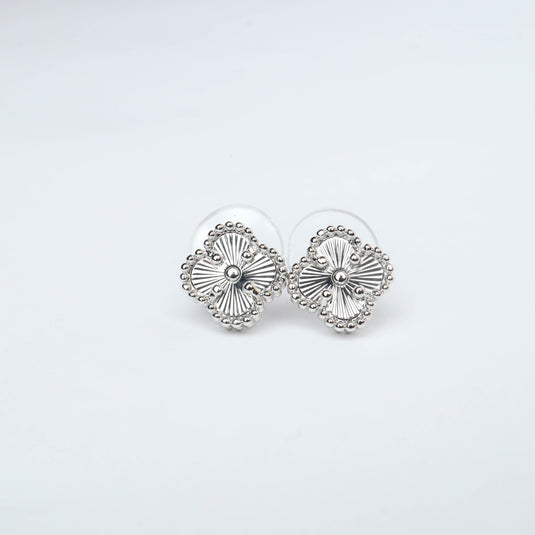 QuinShine silver four leaf clover earrings with intricate beaded edges and floral design