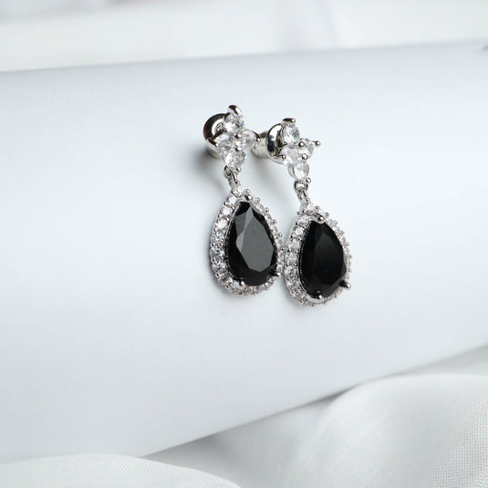 QuinShine elegant Teardrop Gemstone Earrings with black stones surrounded by small clear crystals