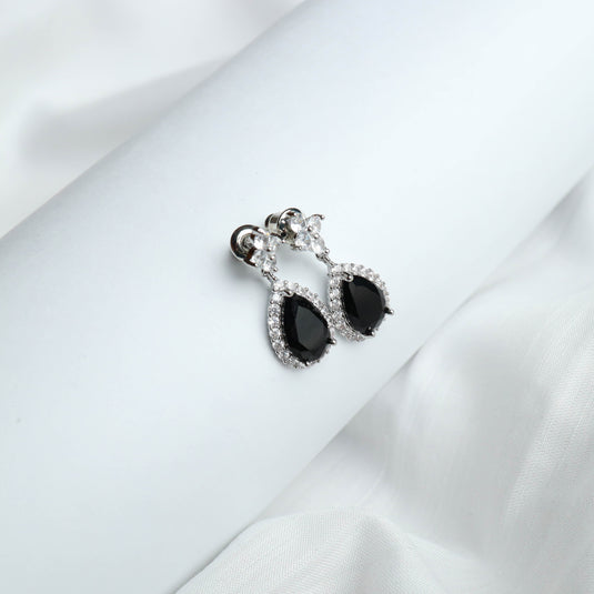 QuinShine black Teardrop Gemstone Earrings with silver setting and clear accent stones
