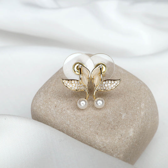 Elegant vine design earrings gold with pearl accents and sparkling details by QuinShine