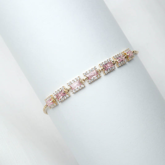 QuinShine women's pink jewelry gold bracelet with rectangular pink stones and clear crystals