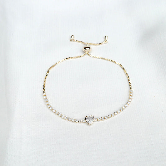 QuinShine delicate diamond tennis bracelet women with heart-shaped centerpiece and adjustable gold chain
