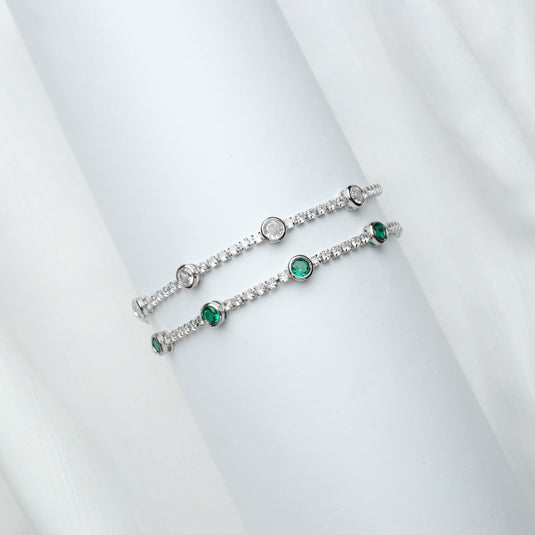 QuinShine affordable gemstone bracelet set with silver and green stones on white background