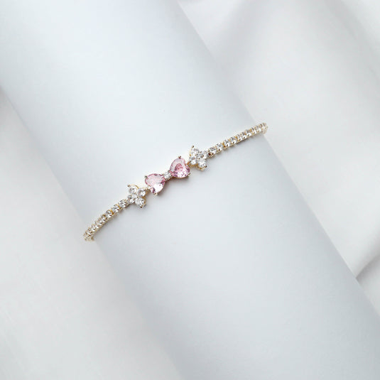 QuinShine affordable luxury Bow bracelet with pink heart-shaped stones and sparkling crystals