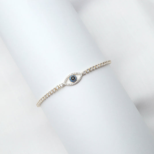 QuinShine Aura EvilEye Charm Bracelet with blue center stone and sparkling clear crystals