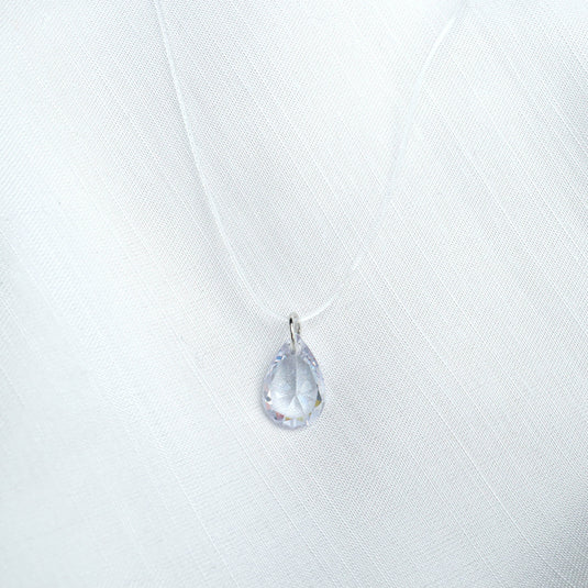 QuinShine delicate crystal drop necklace with clear teardrop pendant on a thin transparent string