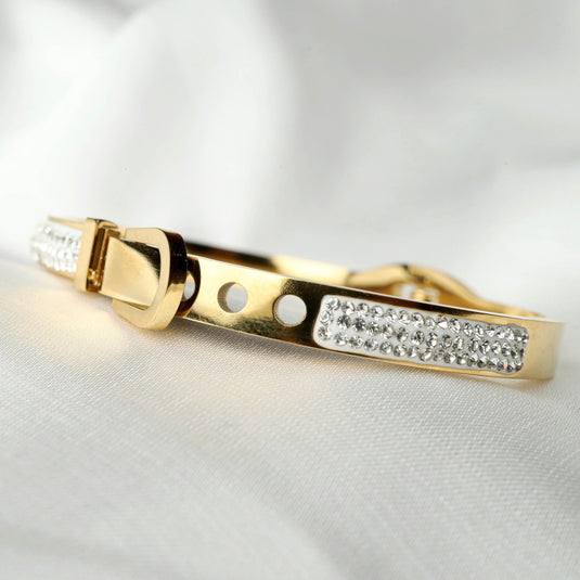 Elegant QuinShine crystal gold bracelet for women featuring sparkling rhinestones and a secure buckle clasp