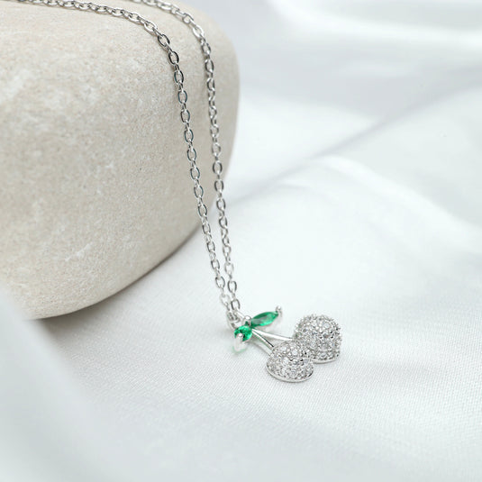 Silver cherry pendant dainty necklace for women with green and clear crystals on chain