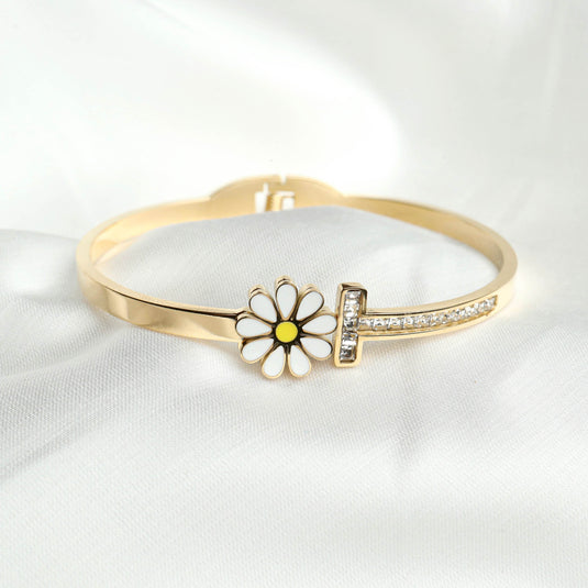 QuinShine Daisy Charm Gold Bracelet with white enamel flower and clear crystal accents