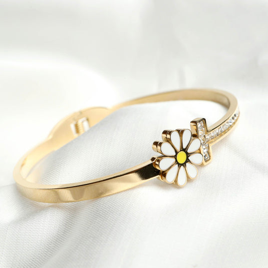 QuinShine Daisy Charm Gold Bracelet with white enamel daisy and crystal accents on gold band