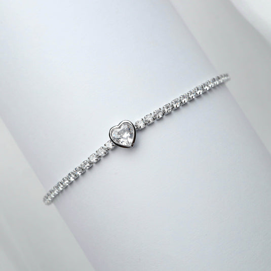 QuinShine delicate white heart charm bracelet with sparkling stones on a silver chain