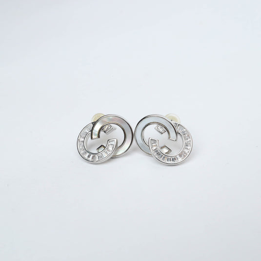 QuinShine silver designer link earrings with a circular interlocking pattern and embedded crystals