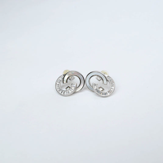 QuinShine silver designer link earrings with interlocking circular design and embedded stones