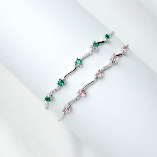 QuinShine elegant emerald bracelet for women with silver chain and pink gemstone bracelet on white background