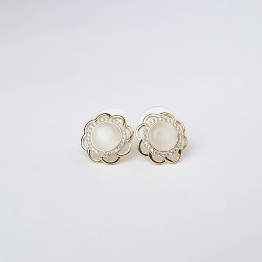 QuinShine Elegant Flower Stud Earrings with gold petals and pearl center on white background