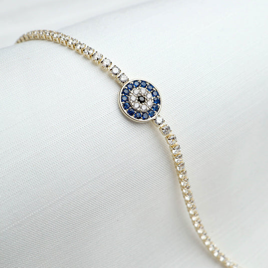 QuinShine elegant gemstone with evileye bracelet featuring blue and white stones on a delicate gold chain