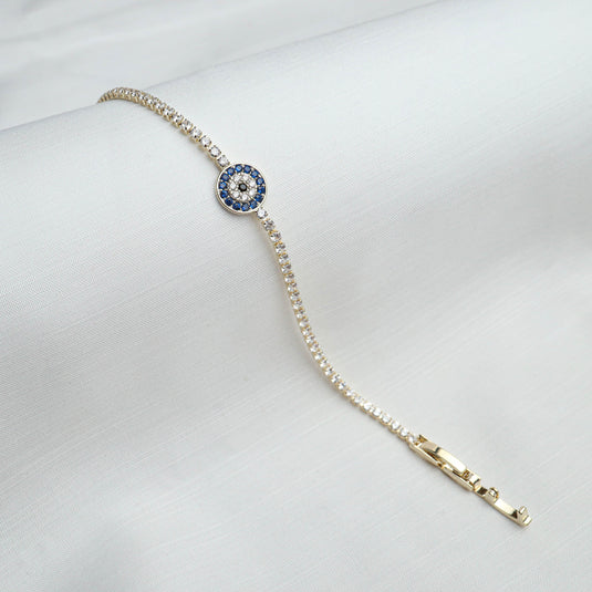 QuinShine elegant gemstone with evileye bracelet featuring blue and clear stones on a gold chain