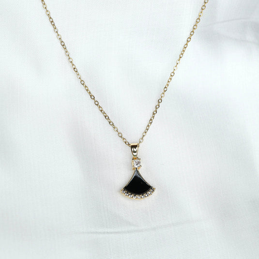 QuinShine Elegant Gold Leaf Pendent Necklace with black enamel and small crystal detailing on gold chain