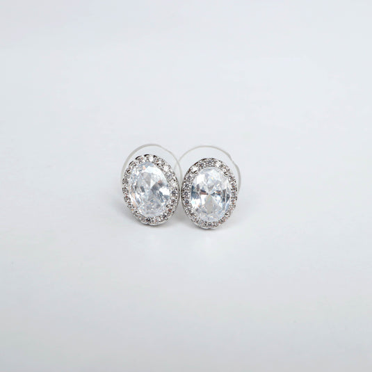 Elegant silver jewelry oval stud earrings with clear sparkling stones by QuinShine