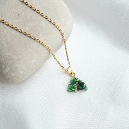 QuinShine emerald embrace necklace with green triangular pendant on gold chain