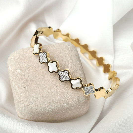 QuinShine designer lattice bangle gold bracelet with alternating mother of pearl and crystal clover accents