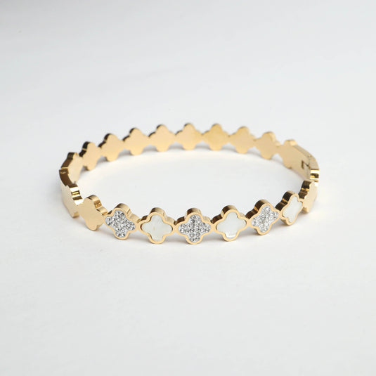 QuinShine elegant gold designer lattice bangle with white and crystal clover-shaped accents