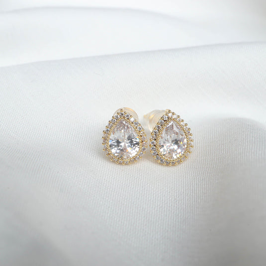 QuinShine gold drop earrings with teardrop clear crystals and delicate gold detailing