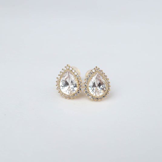 QuinShine elegant gold drop earrings with teardrop clear gemstones and intricate gold detailing