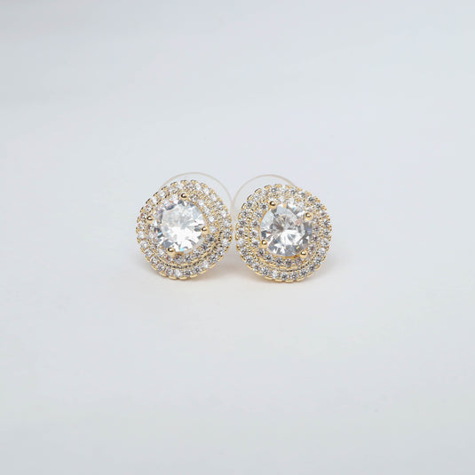 QuinShine gold halo earrings with sparkling central gemstones and double rows of smaller crystals
