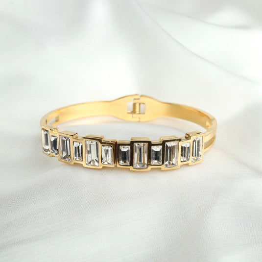 QuinShine high-end fashion bracelet with rectangular clear crystals set in gold-tone metal