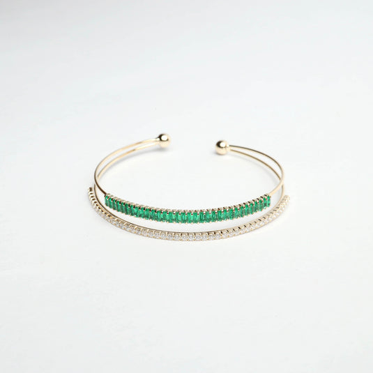QuinShine elegant gold plated emerald bangle with green stones and clear crystals on white background