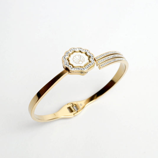 QuinShine elegant gold shell bracelet with shell emblem and crystal accents on open cuff