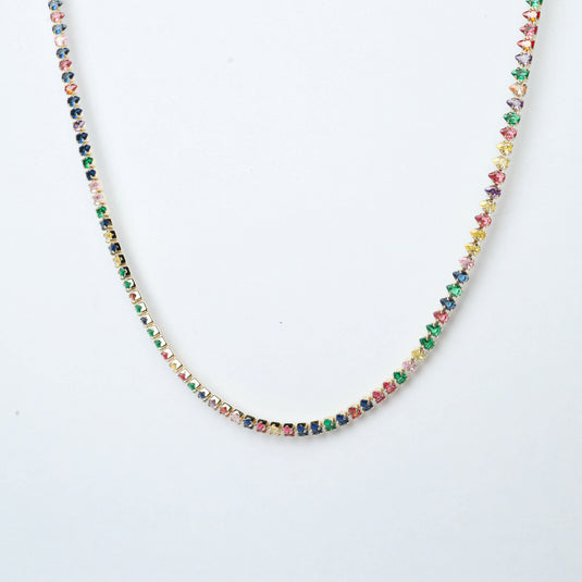 Colorful stones tennis necklace with multicolored gems in gold setting from QuinShine online jewellery store