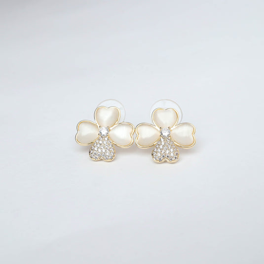 QuinShine stylish floral gold earrings with pearl petals and crystal accents on a white background