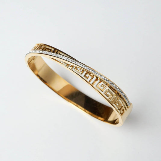 QuinShine Greek Key Bracelet Gold with intricate maze design and small embedded crystals