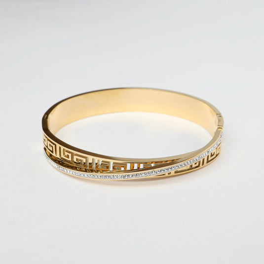 QuinShine elegant Greek Key Bracelet Gold with intricate cut-out design and embedded sparkling stones