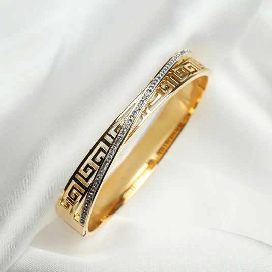 QuinShine Greek Key Bracelet Gold with intricate geometric design and embedded sparkling stones