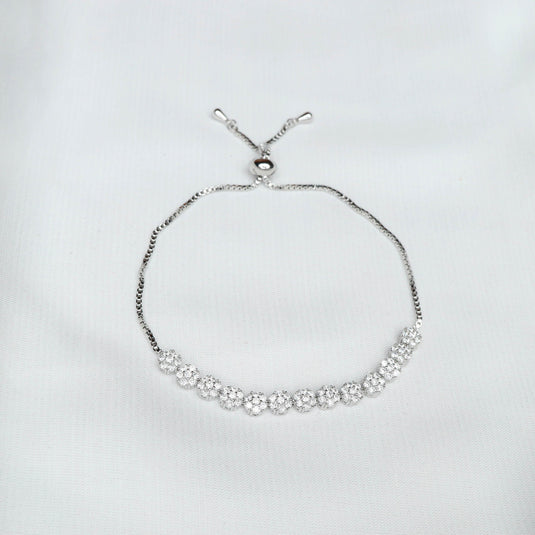 QuinShine Halo cluster Silver Adjustable bracelet with sparkling flower-shaped crystals on a delicate chain