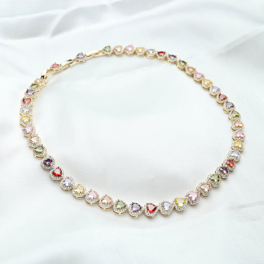 QuinShine halo heart jewelry necklace with multicolored heart-shaped gemstones on gold chain
