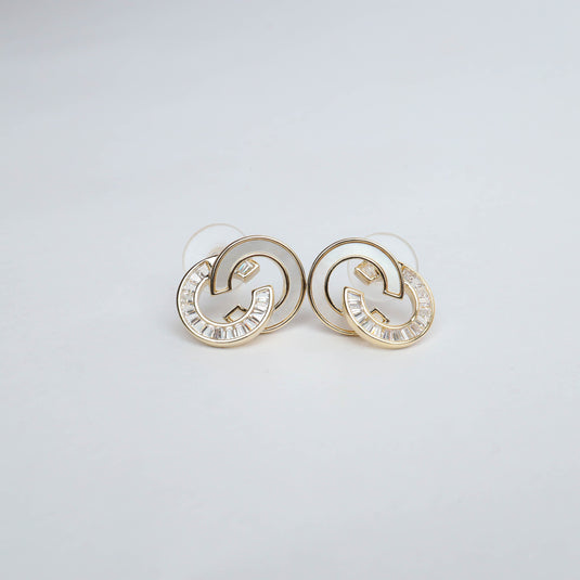 QuinShine Lunar Link gold earrings featuring linked circular design with embedded crystals