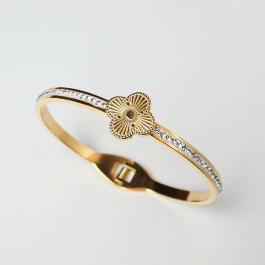 QuinShine Lustre Lily Bracelet gold with crystal-studded band and floral centerpiece