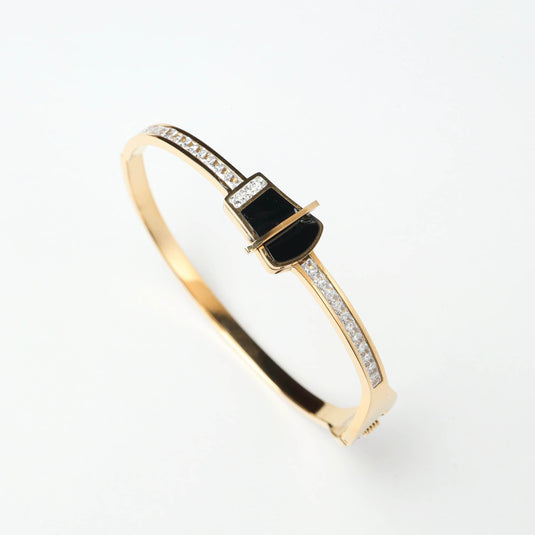 QuinShine luxury black stone bracelet with gold band and embedded clear crystals