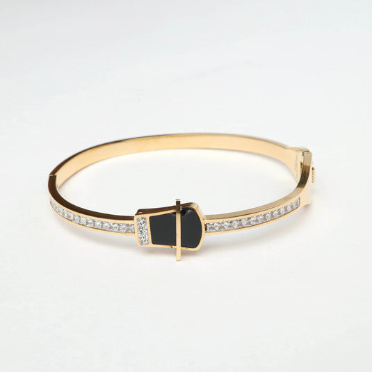QuinShine luxury black stone bracelet with gold metal band and embedded clear crystals