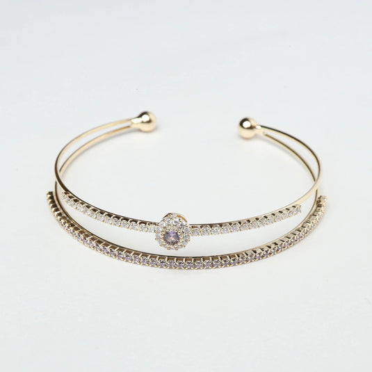 QuinShine luxury double band bracelet in gold with sparkling stones and central purple gem