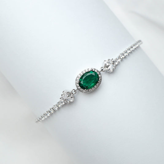 QuinShine luxury green stone bracelet with silver chain and clear crystal accents