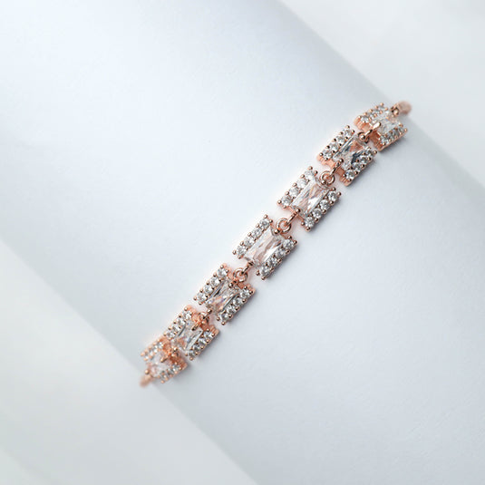QuinShine luxury link bracelet in rose gold with rectangular clear stones and sparkling crystals