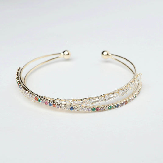 QuinShine delicate gold open bangle with colorful rainbow gemstone bracelet design