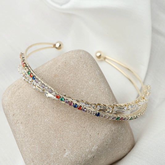QuinShine elegant rainbow gemstone bracelet with multicolored stones on gold open cuff
