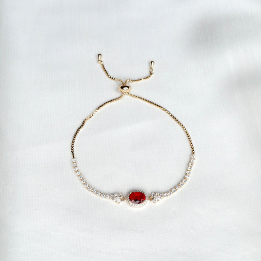 QuinShine delicate ruby gemstone bracelet with red center stone and adjustable gold chain